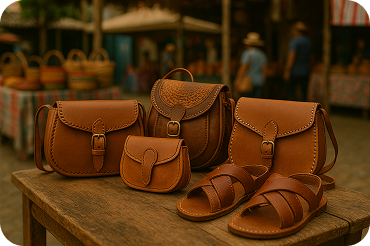 Conjunto de bolsas de couro artesanais em diferentes tamanhos e um par de sandálias de couro sobre uma mesa de madeira.