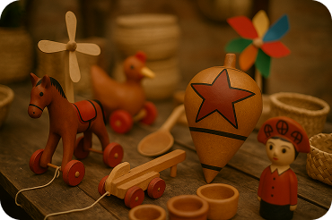 Diversos brinquedos populares de madeira sobre uma mesa, incluindo um cavalo de puxar, um pião com estrela e uma boneca com chapéu de couro.