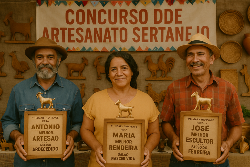 Três artesãos sorridentes segurando troféus de madeira em um evento com a faixa Concurso de Artesanato Sertanejo ao fundo.