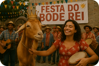 Mulher sorridente tocando um tambor ao lado de um bode usando uma coroa dourada, durante a celebração da Festa do Bode Rei com músicos ao fundo.