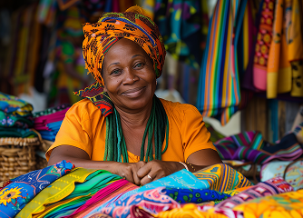 Mulher negra sorridente usando turbante alaranjado e roupas coloridas em uma banca de tecidos artesanais vibrantes.