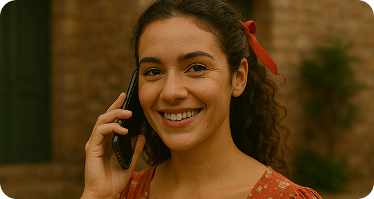 Mulher jovem com cabelos cacheados e um laço vermelho, sorrindo enquanto fala ao celular em um ambiente externo com tons terrosos.