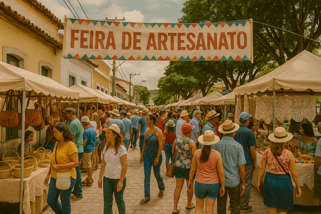 Vista de uma rua movimentada com feira de artesanato ao ar livre, apresentando barracas com cestos de palha e bolsas de couro sob uma faixa escrita Feira de Artesanato.