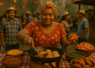 Mulher negra com turbante amarelo fritando bolinhos de acarajé em um tacho, com acompanhamentos como vatapá e camarão ao redor em uma festa popular.