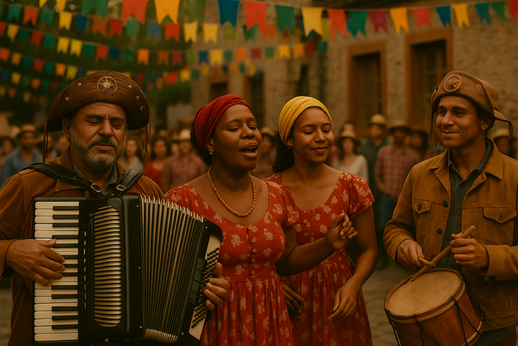 Grupo de músicos nordestinos com sanfona e zabumba tocando em uma vila decorada com bandeirolas