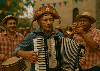 Sanfoneiro idoso com chapéu de couro tradicional tocando acordeon, acompanhado por músicos com zabumba e trompete em uma festa de rua decorada com bandeirolas.