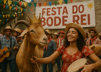 Mulher sorridente tocando um tambor ao lado de um bode usando uma coroa dourada, durante a celebração da Festa do Bode Rei com músicos ao fundo.