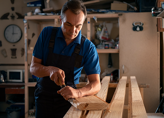 Marceneiro trabalhando em sua oficina, utilizando um formão para esculpir detalhes em uma peça de madeira.