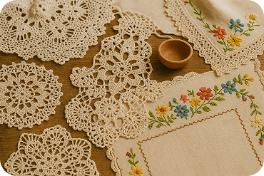 Toalhas de renda renascença e tecidos bordados com flores coloridas dispostos sobre uma mesa de madeira.