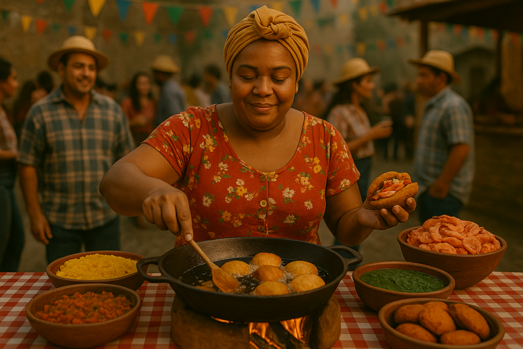 Mulher negra com turbante amarelo fritando bolinhos de acarajé em um tacho, com acompanhamentos como vatapá e camarão ao redor em uma festa popular.