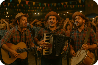 Trio de forró pé de serra com sanfona, violão e zabumba tocando em uma festa.