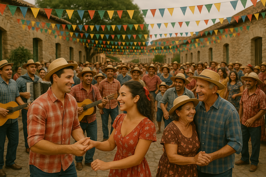 Casais de diferentes gerações dançando forró em uma rua de pedras decorada com bandeirolas coloridas, cercados por uma multidão e músicos com violão e sanfona.