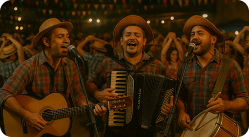 Trio de forró pé de serra com sanfona, violão e zabumba tocando em uma festa
